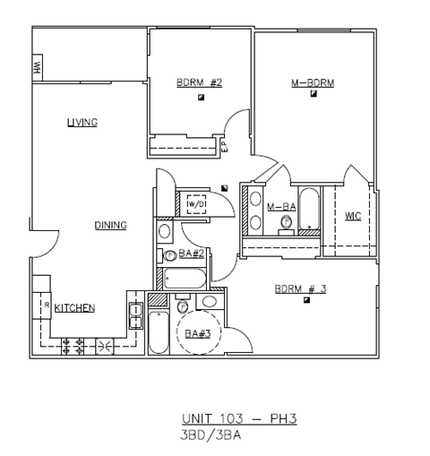 Floor plan for 3 beds, 3 baths, 1387 sqft